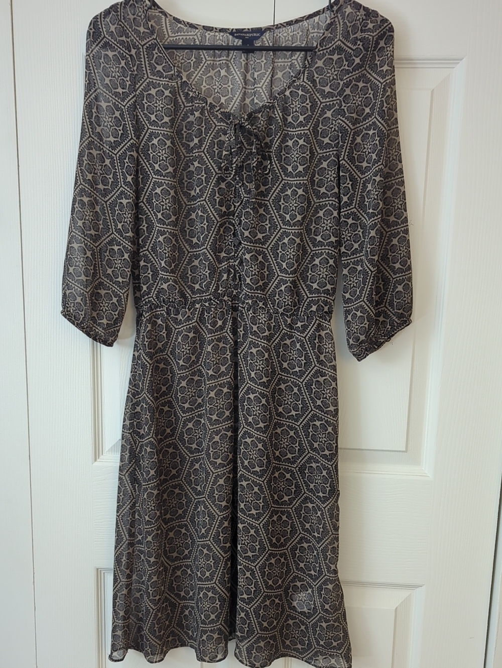 Women's Patterned Tie-Neck Midi Dress Overlay- Black & Taupe